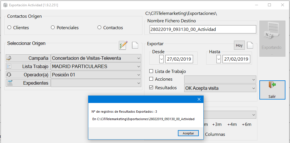 Mensaje registros exportados