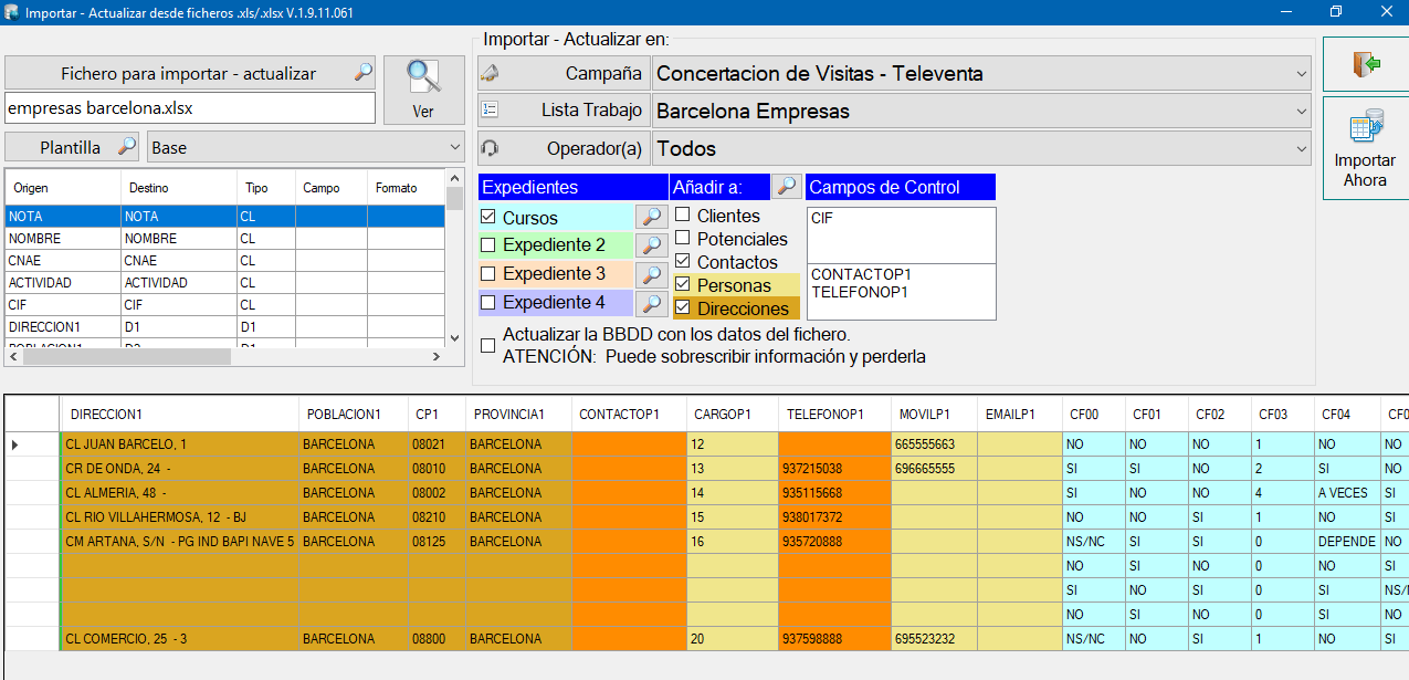 Vista previa importación